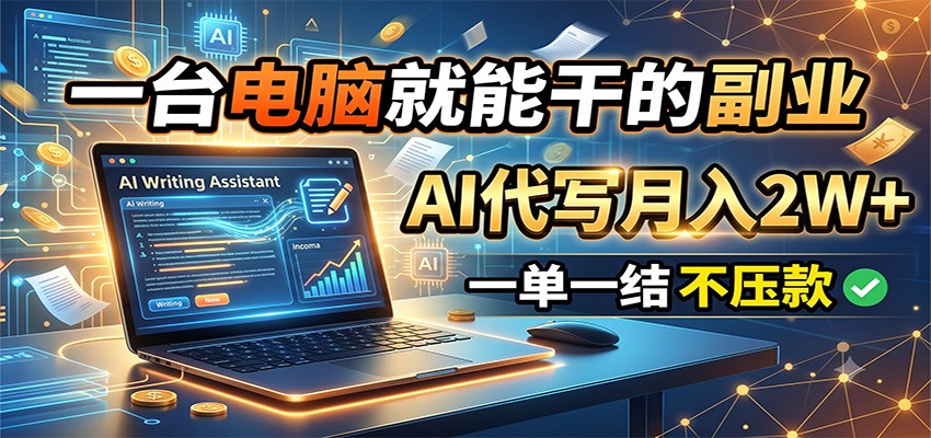 一台电脑就能干的副业，AI代写月入2W+，一单一结不压款-伊亚库