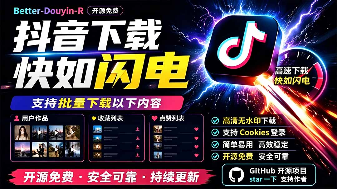 别再乱找了！D音下载快如闪电，支持批量下载用户作品收藏列表和点赞列表，开源免费 Better-douyin-R-伊亚库