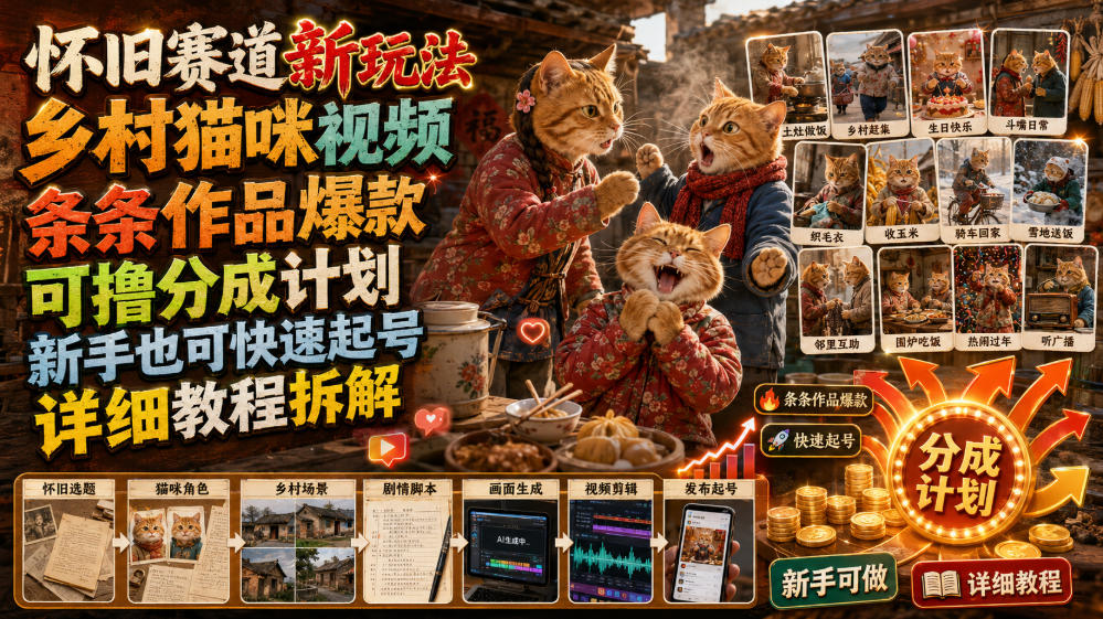 怀旧赛道新玩法，乡村猫咪视频，条条作品爆款，可撸分成计划，新手也可快速起号，详细教程拆解-伊亚库