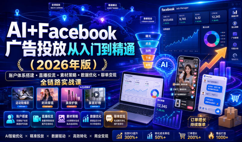 AI+Facebook广告投放从入门到精通(2026年版)｜账户体系搭建・直播投流・素材策略・数据优化・聊单变现全链路实战课-伊亚库