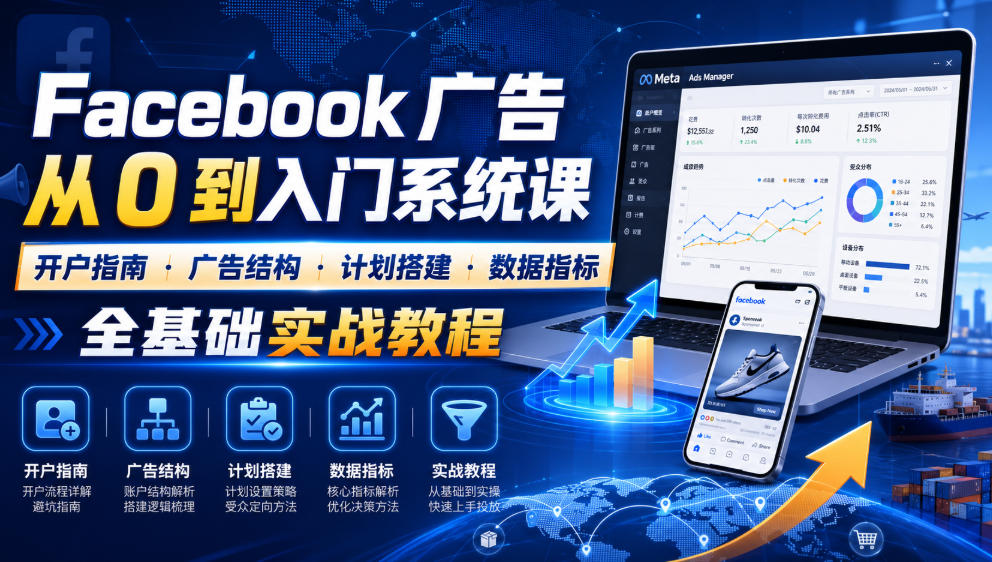 Facebook广告新手从0到入门系统课|开户指南・广告结构・计划搭建・数据指标全基础实战教程