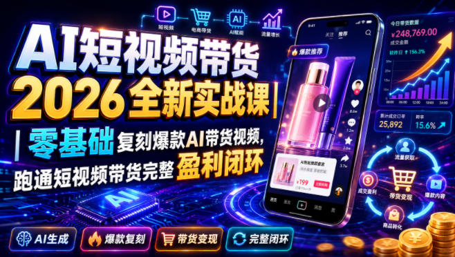 AI短视频带货2026全新实战课｜零基础复刻爆款AI带货视频，跑通短视频带货完整盈利闭环-伊亚库