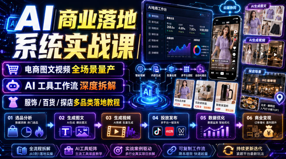 AI商业落地系统实战课｜电商图文视频全场景量产・AI工具工作流深度拆解・服饰/百货/探店多品类落地教程-伊亚库