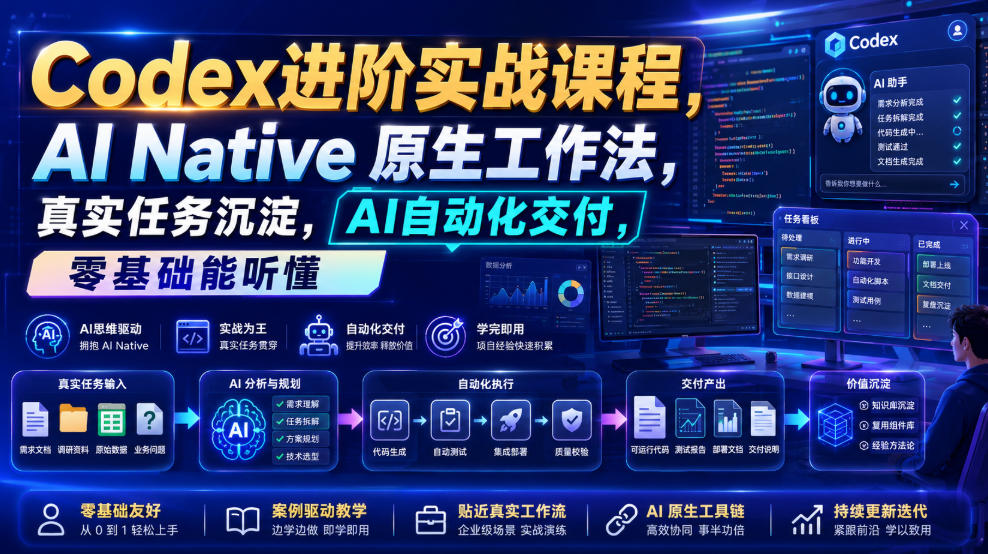 Codex进阶实战课|AI Native原生工作法,22节真实任务落地,从配置到AI自动化交付全链路教程