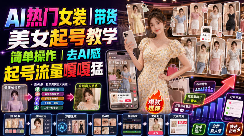 AI热门女装带货丨美女起号教学，简单操作，去AI感，起号流量嘎嘎猛-伊亚库