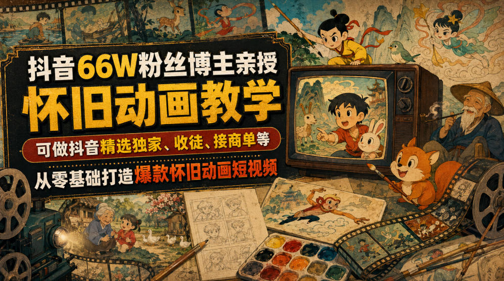 抖音66W粉丝博主亲授怀旧动画教学,可做抖音精选独家、收徒、接商单等,从零基础打造爆款怀旧动画短视频