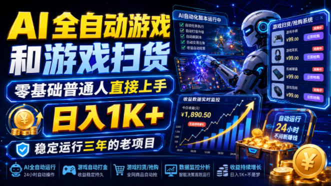AI全自动游戏和游戏扫货，零基础普通人直接上手，日入1K+，稳定运行三年的老项目【揭秘】-伊亚库