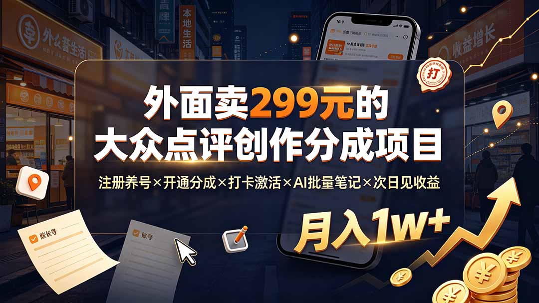 外面卖299元的大众点评创作分成项目：注册养号×开通分成×打卡激活×AI批量笔记×次日见收益，月入1w+-伊亚库