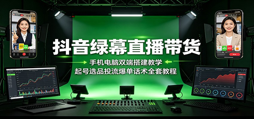 抖音绿幕直播带货：手机电脑双端搭建教学，起号选品投流爆单话术全套教程-伊亚库