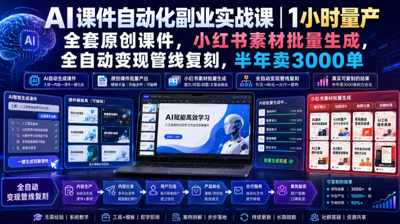 AI课件自动化副业实战课｜1小时量产全套原创课件，小红书素材批量生成，全自动变现管线复刻，半年卖3000单-伊亚库