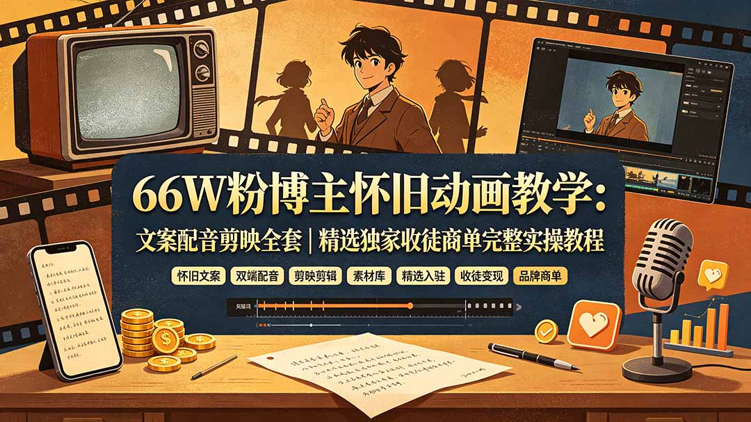 66W粉博主怀旧动画教学：文案配音剪映全套｜精选独家收徒商单完整实操教程-伊亚库