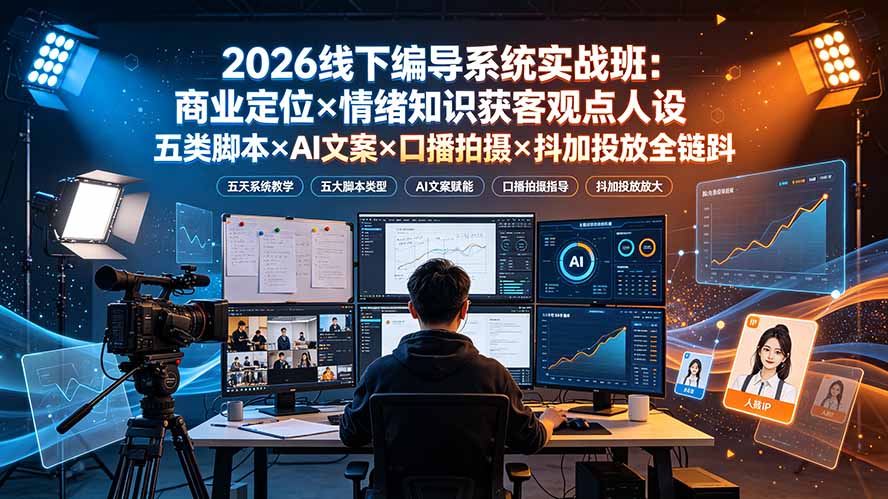 2026线下编导系统实战班：商业定位×情绪知识获客观点人设五类脚本×AI文案×口播拍摄×抖加投放全链路-伊亚库