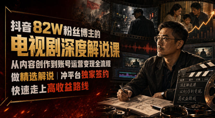 抖音82W粉丝博主的电视剧深度解说课,从内容创作到账号运营变现全流程,做精选解说,冲平台独家签约,快速走上高收益路线