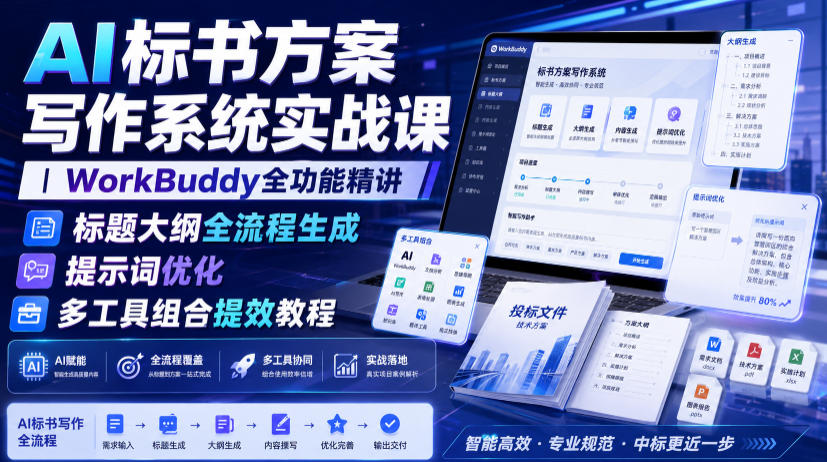 AI标书方案写作系统实战课｜WorkBuddy全功能精讲・标题大纲全流程生成・提示词优化・多工具组合提效教程-伊亚库