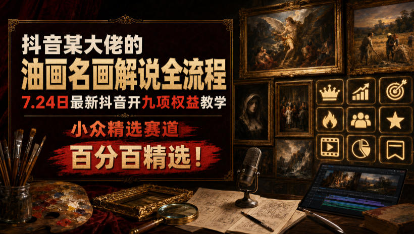 抖音某大佬的油画名画解说全流程，7.24日最新抖音开九项权益教学，小众精选赛道，百分百精选！-伊亚库