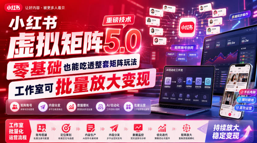 小红书虚拟矩阵5.0重磅技术,零基础也能吃透整套矩阵玩法,工作室可批量放大变现