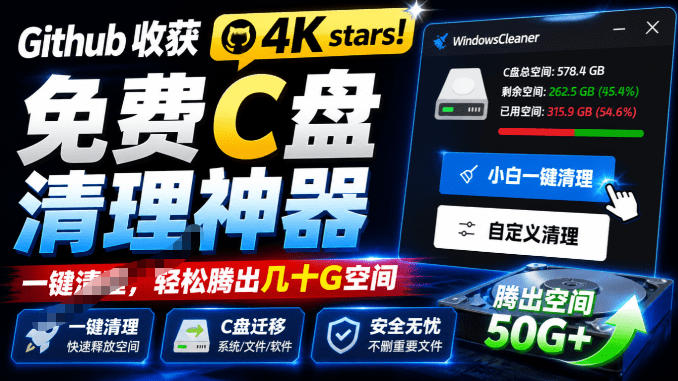 Github收获4K stars!免费C盘清理神器,轻松腾出几十G空间,支持C盘迁移Windows Cleaner
