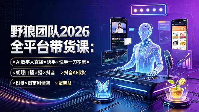 野狼团队2026全平台带货课-7月：AI数字人直播×快手一刀不剪×蝴蝶口播×抖音AI带货×树苗剧情智剪×聚宝盆-伊亚库