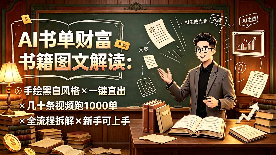 AI书单财富书籍图文解读：手绘黑白风格×一键直出×几十条视频跑1000单×全流程拆解×新手可上手-伊亚库