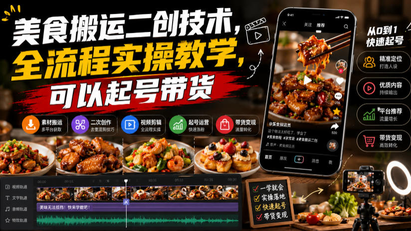 美食搬运二创技术,全流程实操教学,可以起号带货
