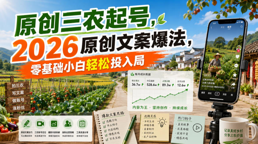 原创三农起号，2026原创文案爆法，零基础小白轻松投入局-伊亚库