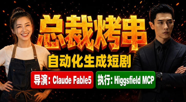 Claude Fable5担任导演+Higgsfield MCP落地执行|《总裁烤串》真人质感短剧全自动AI生成全流程教学