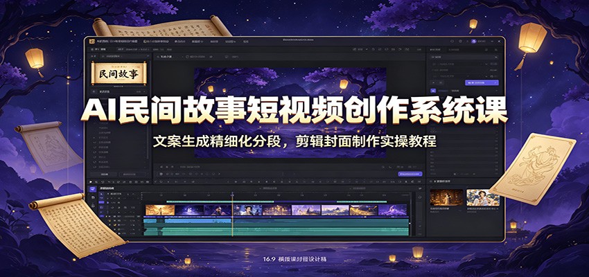 AI民间故事短视频创作系统课：文案生成精细化分段，剪辑封面制作实操教程-伊亚库