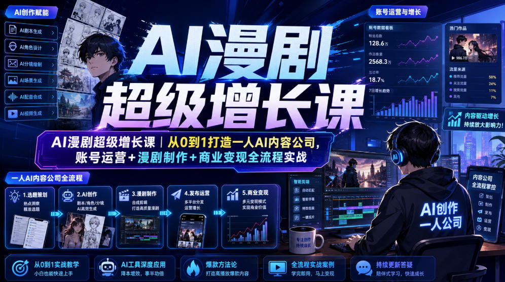 AI漫剧超级增长课|从0到1打造一人AI内容公司,账号运营+漫剧制作+商业变现全流程实战