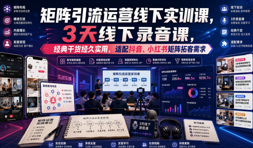 嗨推矩阵引流运营线下实训课，3天线下录音课，经典干货经久实用，适配抖音、小红书矩阵拓客需求-伊亚库
