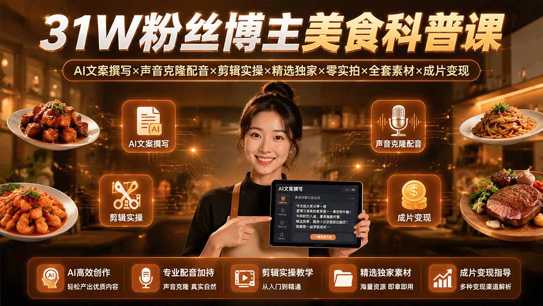 31W粉丝博主美食科普课：AI文案撰写×声音克隆配音×剪辑实操×精选独家×零实拍×全套素材×成片变现-伊亚库