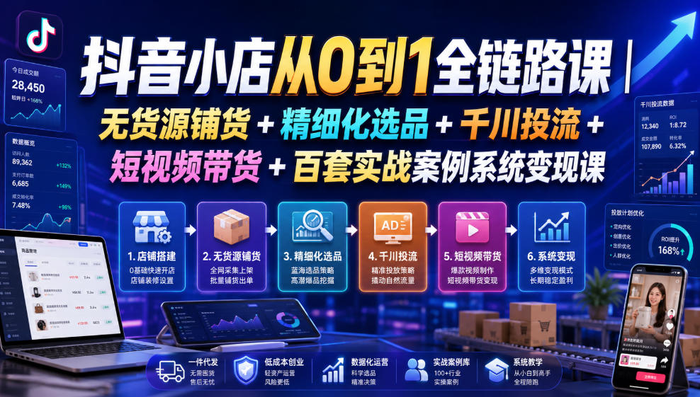 抖音小店从0到1全链路课｜无货源铺货+精细化选品+千川投流+短视频带货+百套实战案例系统变现课(2026年7月更新)-伊亚库