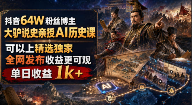 抖音64W粉丝博主大驴说史亲授AI历史课，可以上精选独家，全网发布收益更可观，单日收益1k+-伊亚库
