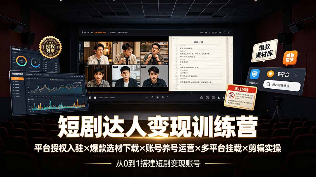 短剧达人变现训练营：平台授权入驻×爆款选材下载×账号养号运营×多平台挂载×剪辑实操×违规处理全流程-伊亚库