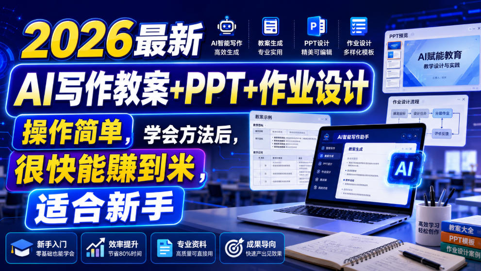 2026最新AI写作教案+PPT+作业设计，操作简单，学会方法后，很快能賺到米，适合新手-伊亚库