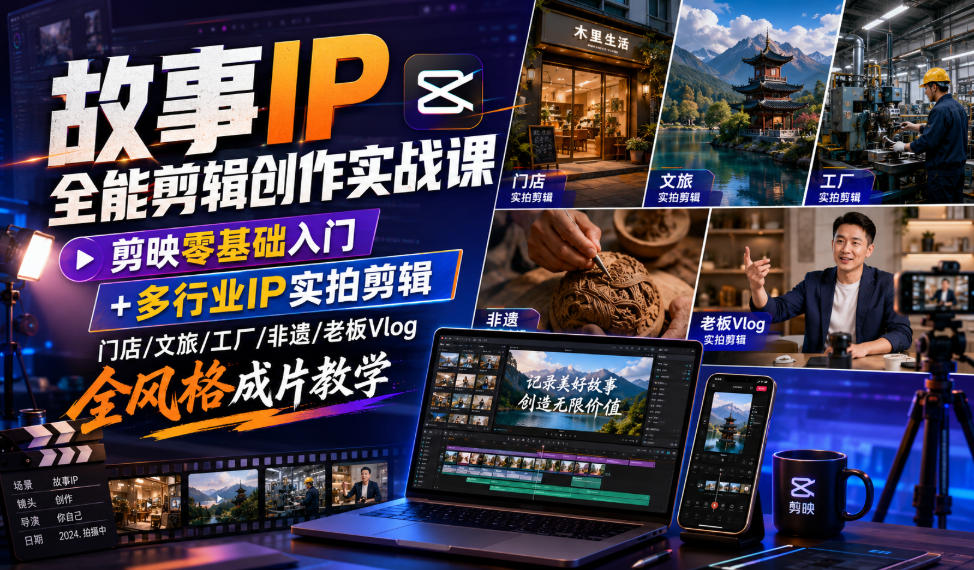 故事IP全能剪辑创作实战课｜剪映零基础入门+多行业IP实拍剪辑，门店/文旅/工厂/非遗/老板Vlog全风格成片教学-伊亚库