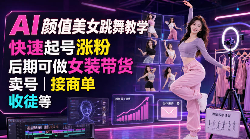 AI颜值美女跳舞教学，快速起号涨粉，后期可做女装带货，卖号，接商单，收徒等-伊亚库