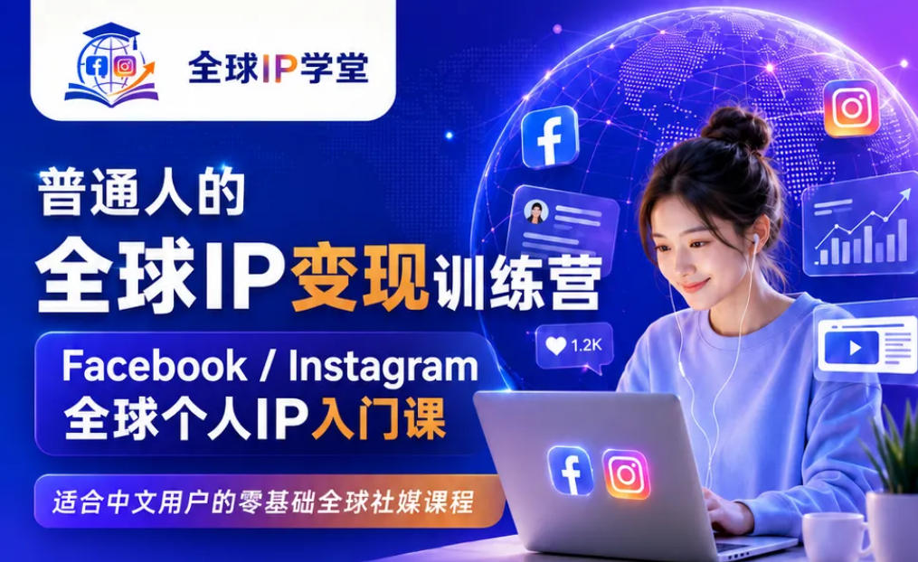 普通人的全球IP变现训练营，Facebook/Instagram全球个人IP入门课，零基础全球社媒课程-伊亚库