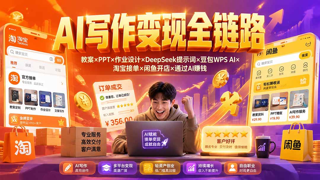 2026AI写作变现全链路：教案×PPT×作业设计×DeepSeek提示词×豆包WPS AI×淘宝接单×闲鱼开店×通过AI賺钱-伊亚库