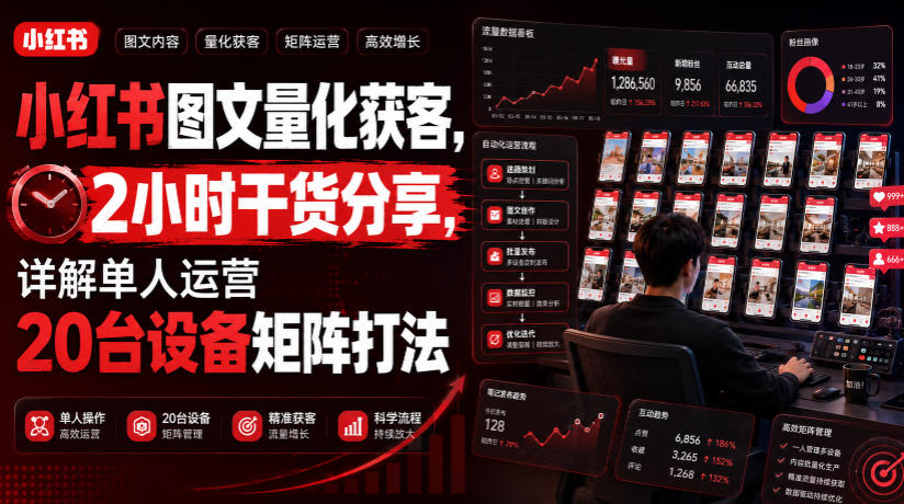 小红书图文量化获客，2小时干货分享，详解单人运营20台设备矩阵打法-伊亚库