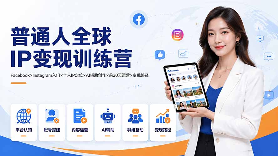 普通人全球IP变现训练营：Facebook×Instagram入门×个人IP定位×AI辅助创作×前30天运营×变现路径-伊亚库