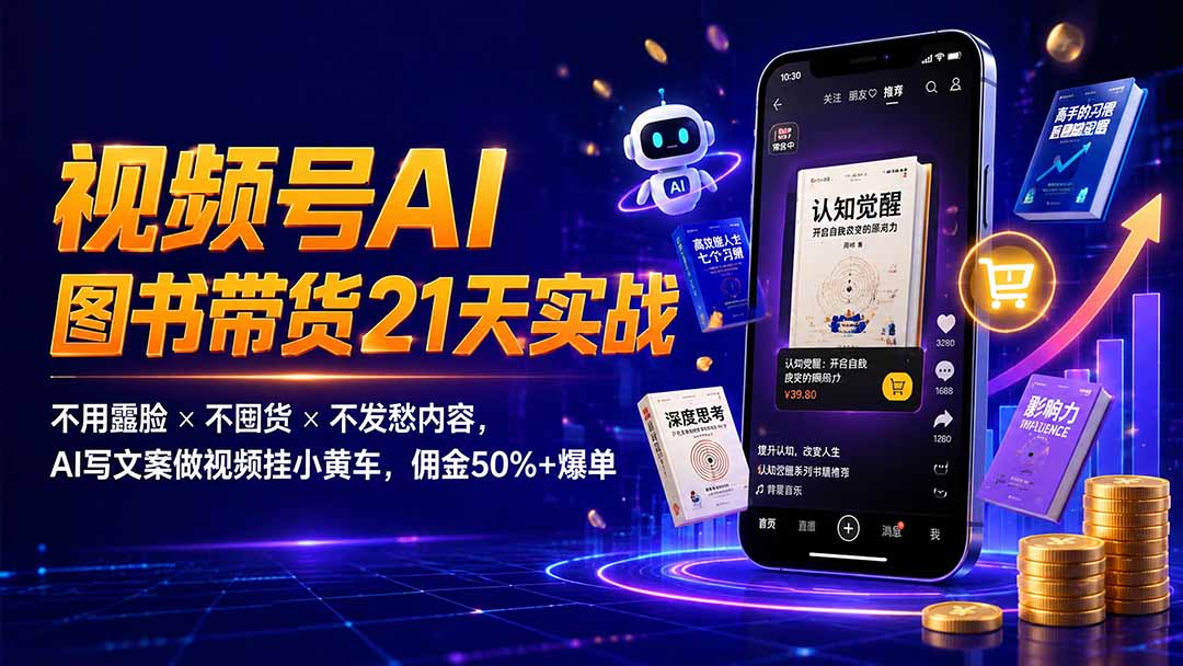 繁花视频号AI图书带货21天实战：不用露脸×不囤货×不发愁内容，AI写文案做视频挂小黄车，佣金50%+爆单-伊亚库