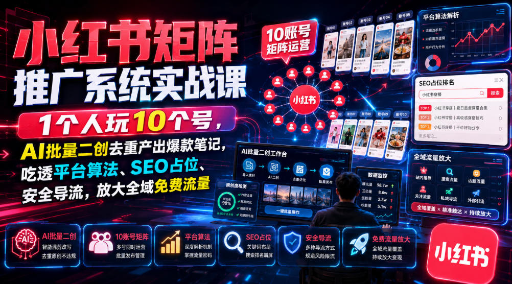 小红书矩阵推广系统实战课｜1个人玩10个号，AI批量二创去重产出爆款笔记，吃透平台算法、SEO占位、安全导流，放大全域免费流量-伊亚库