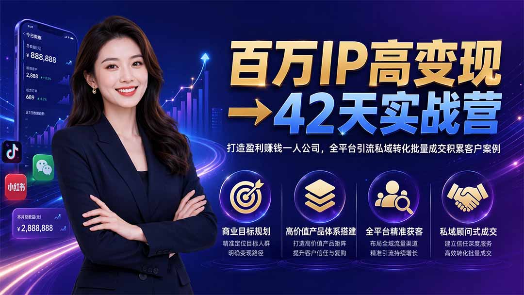 百万IP高变现→42天实战营｜打造盈利赚钱一人公司，全平台引流私域转化批量成交积累客户案例-伊亚库