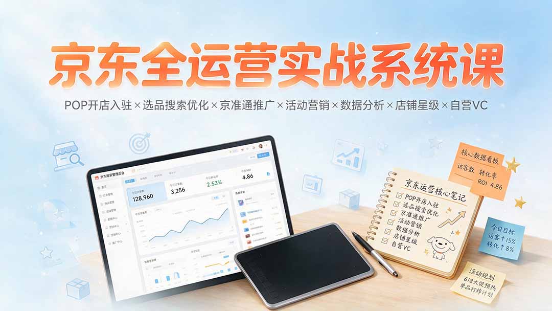 京东全运营实战系统课：POP开店入驻×选品搜索优化×京准通推广×活动营销×数据分析×店铺星级×自营VC-伊亚库