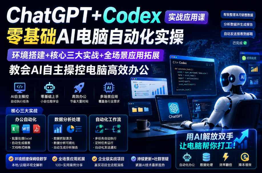 ChatGPT+Codex实战应用课｜零基础AI电脑自动化实操，环境搭建+核心三大实战+全场景应用拓展，教会AI自主操控电脑高效办公-伊亚库