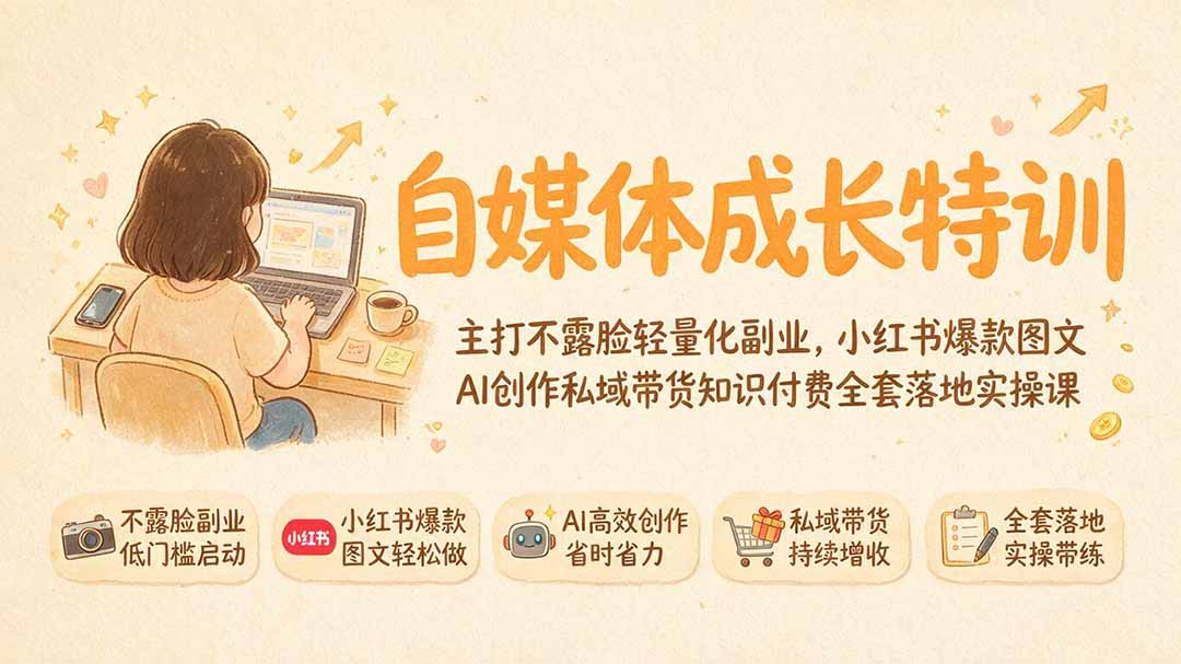 自媒体成长特训｜主打不露脸轻量化副业，小红书爆款图文AI创作私域带货知识付费全套落地实操课-伊亚库
