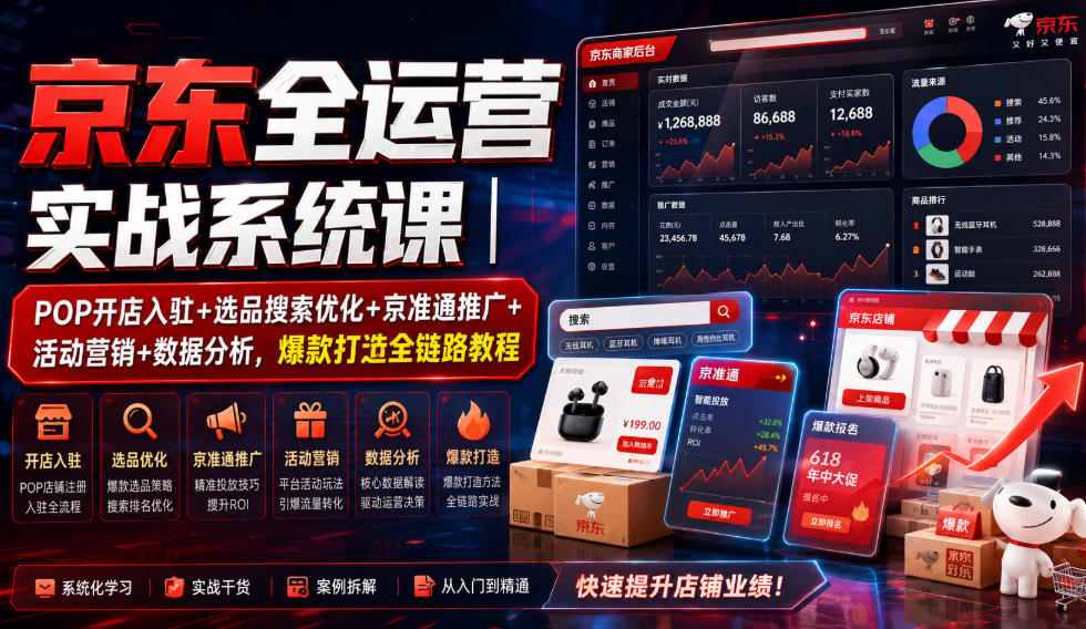 京东全运营实战系统课|POP开店入驻+选品搜索优化+京准通推广+活动营销+数据分析,爆款打造全链路教程