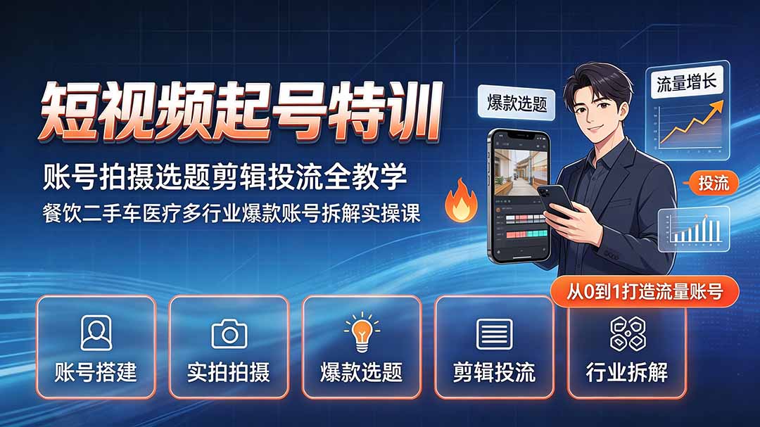 短视频起号特训｜账号拍摄选题剪辑投流全教学，餐饮二手车医疗多行业爆款账号拆解实操课-伊亚库