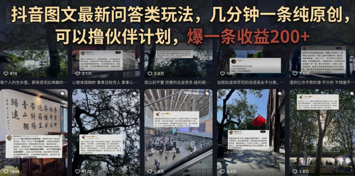 抖音图文最新问答类玩法，几分钟一条纯原创，可以撸伙伴计划，爆一条收益200+-伊亚库