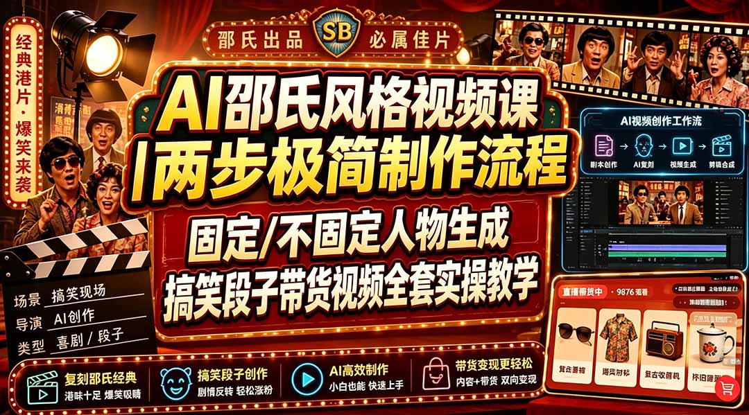 AI邵氏风格视频课｜两步极简制作流程，固定/不固定人物生成，搞笑段子带货视频全套实操教学-伊亚库